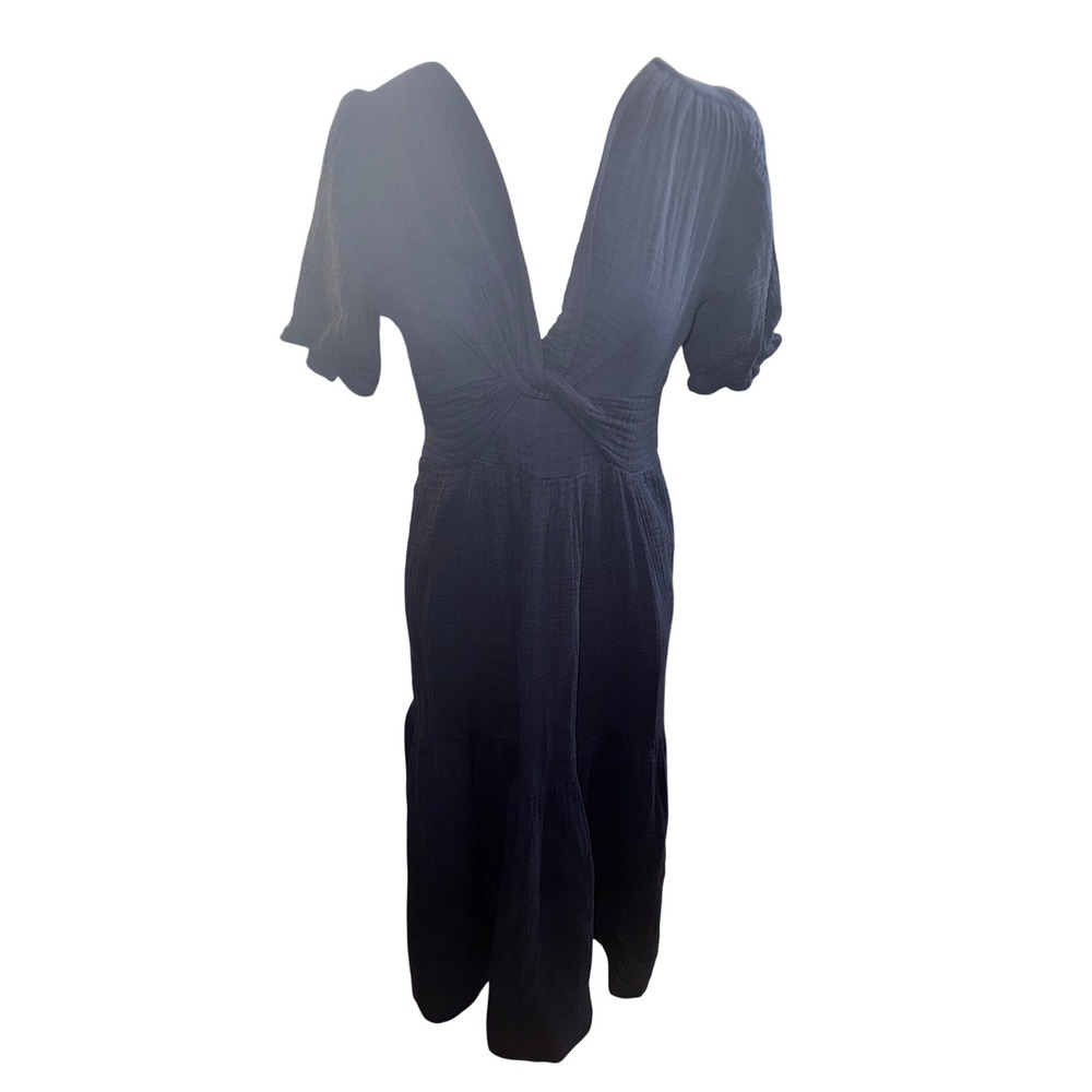 Felecite Navy Blue Cotton Gauze Twist Front Midi Dress Pockets Coverup Resort